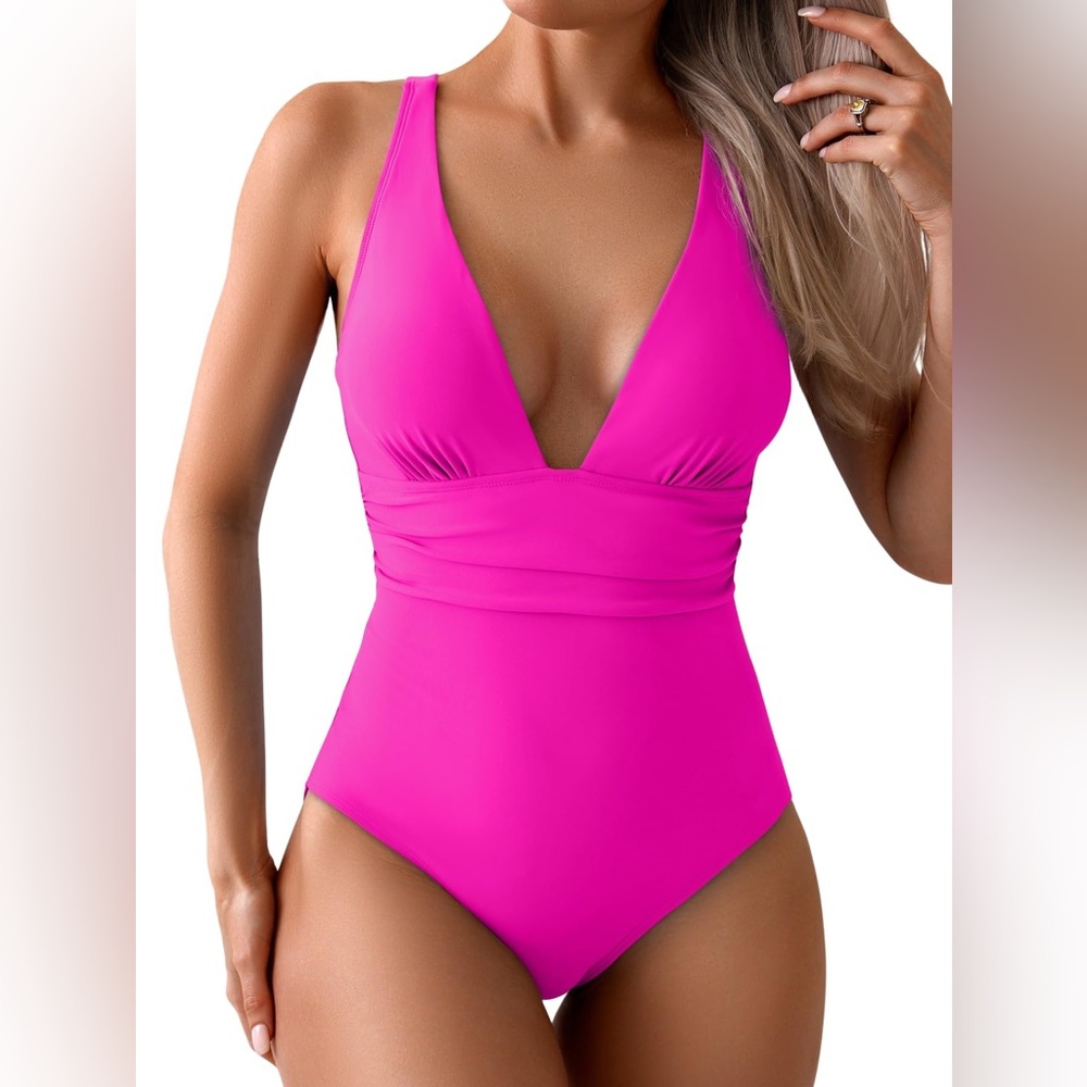 Vibrant HOT Pink V One-Piece Swimsuit Tummy Control Slimming Hot Pink 💗